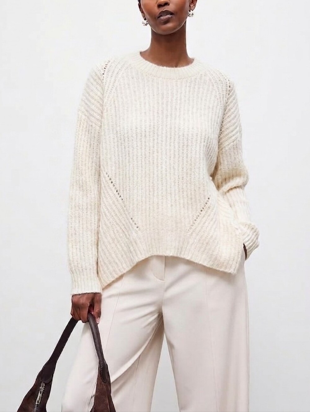 Luisa Cerano Wool Mohair Ribbed Knit Sweater Cream Women’s Size 10 Quiet Luxury